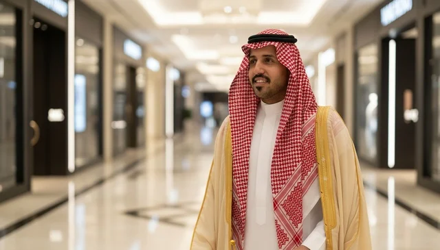 رجل سعودي يرتدي البشت التقليدي داخل مركز تسوق عصري فاخر