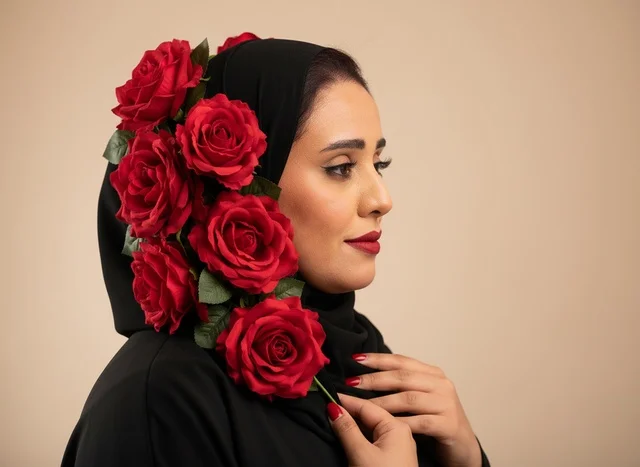 امرأة عربية بالعباءة السوداء مع الورد الأحمر لقطة جانبية
