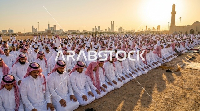 صلاة عيد الأضحى في الرياض مع أفق المدينة وقت الشروق