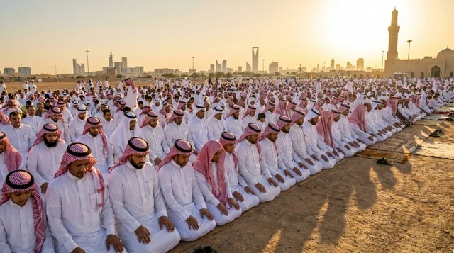 Saudi Men Eid Al Adha Prayer Riyadh Skyline at Sunrise Saudi Men Eid Al Adha Prayer Riyadh Skyline at Sunrise