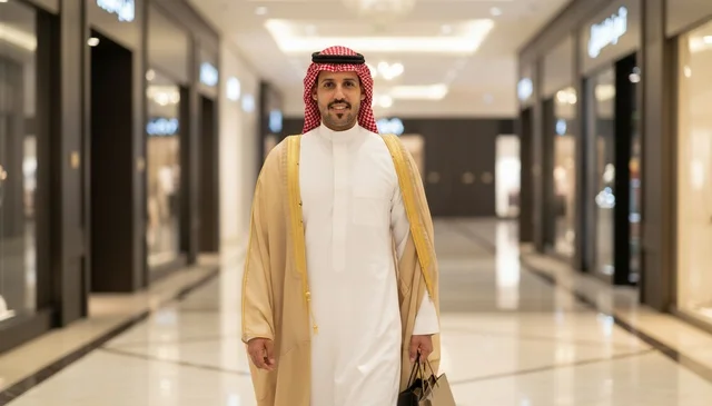 رجل سعودي بالبشت التقليدي يمشي في مركز تسوق