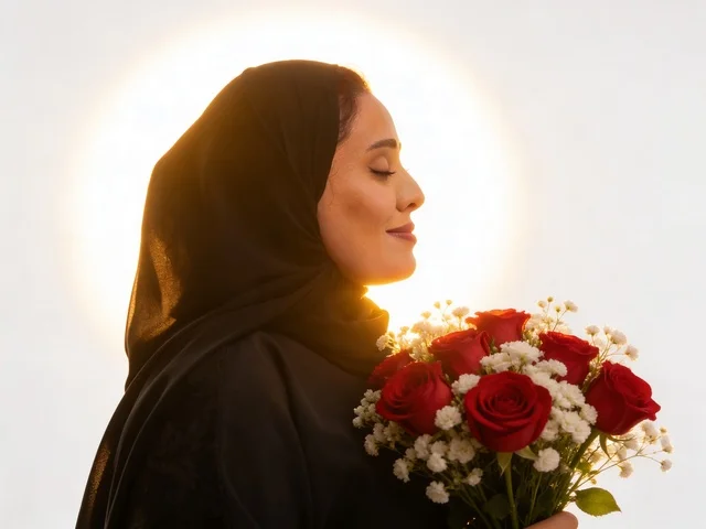 Saudi Woman in Black Abaya Holding Red Roses at Sunset