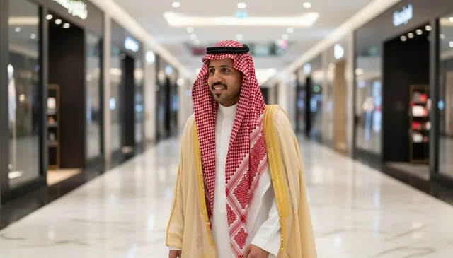 Saudi Man in Traditional Dress at Modern Shopping Mall