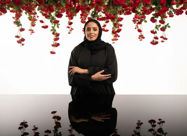 Saudi Woman in Black Abaya with Red Roses Background