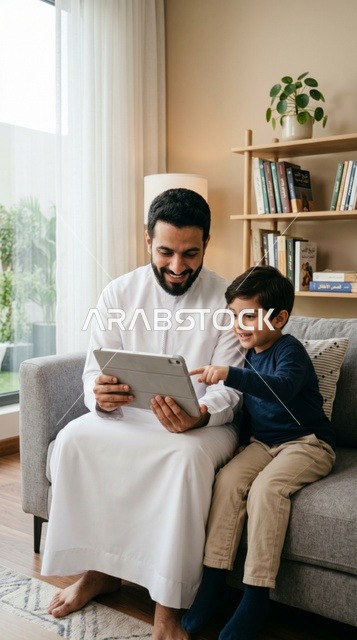 Saudi Father and Son Using Tablet for Home Learning