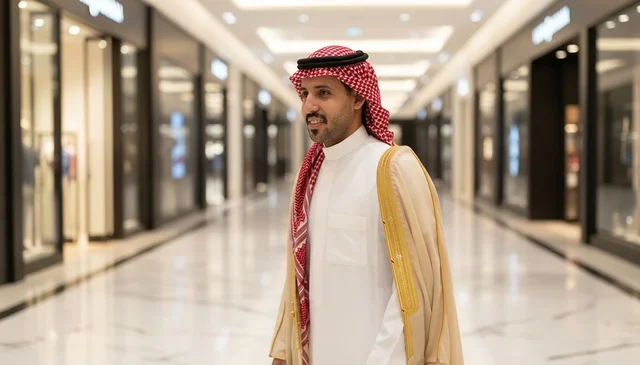 رجل سعودي بالبشت التقليدي في مجمع تجاري فاخر