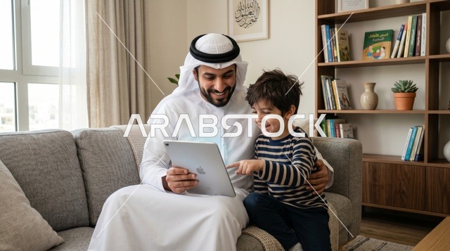 أب سعودي وابنه يستخدمان الجهاز اللوحي للتعلم المنزلي