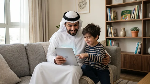 Saudi Arab Father and Son Using Tablet for E-Learning