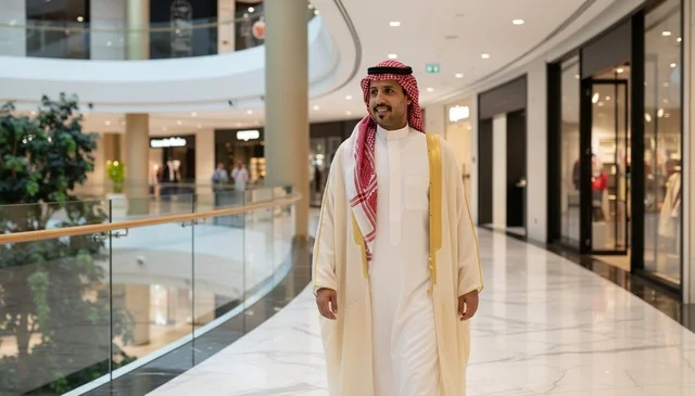 رجل سعودي بالبشت التقليدي يسير في مول