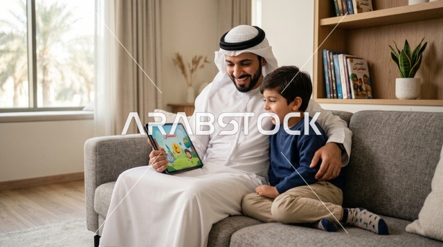 أب سعودي يعلم ابنه باستخدام جهاز لوحي بالمنزل