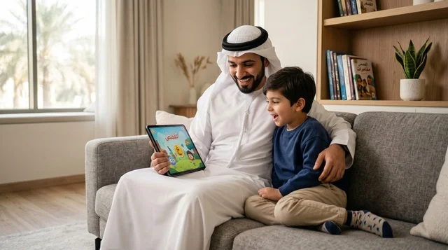 أب سعودي يعلم ابنه باستخدام جهاز لوحي بالمنزل