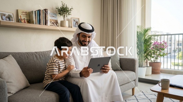 أب سعودي يعلم ابنه باستخدام الجهاز اللوحي في المنزل