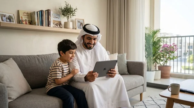 Saudi Father and Son Learning with Tablet at Home