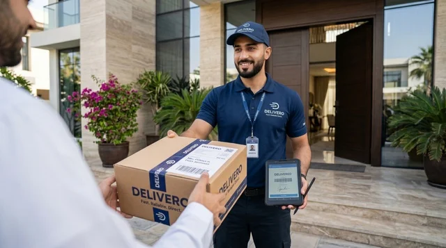 Arab Delivery Courier Handing Package at Home