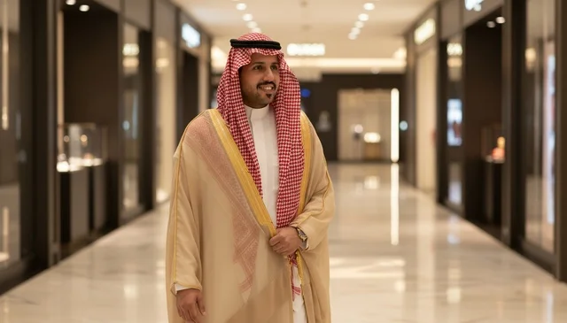 رجل سعودي بالبشت التقليدي يمشي في مول فاخر