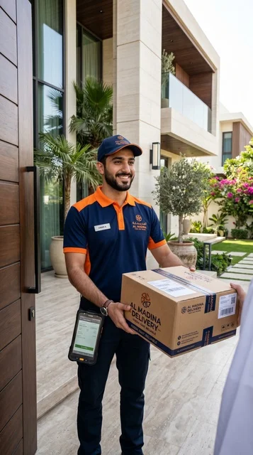 مندوب توصيل عربي يسلم طرد أمام فيلا سكنية