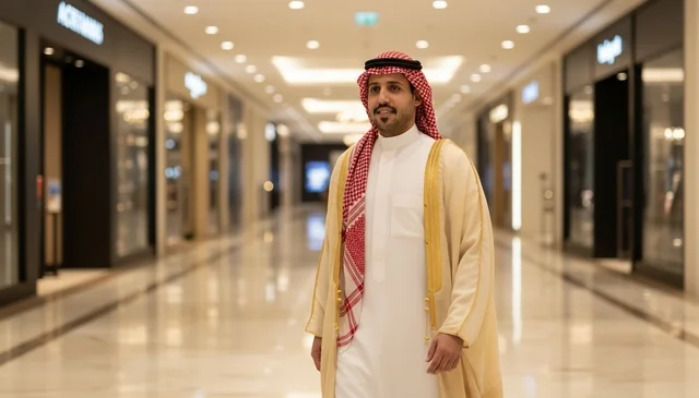 Saudi Man in Traditional Bisht Walking in Shopping Mall