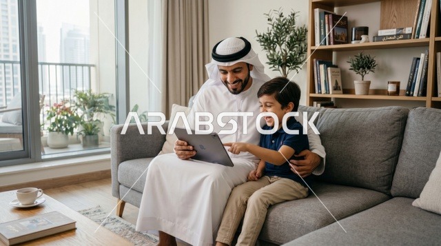 Saudi Father and Son Using Tablet at Home