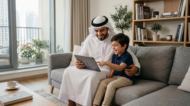 أب سعودي يعلم ابنه باستخدام الجهاز اللوحي في المنزل