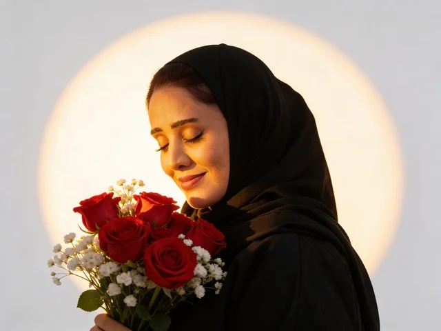 Saudi Woman in Traditional Abaya Holding Red Roses