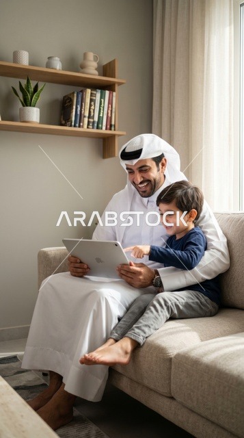 أب سعودي يعلم ابنه باستخدام الجهاز اللوحي بالمنزل