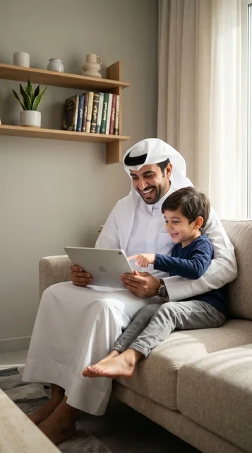 Saudi Father and Son Using Digital Tablet at Home