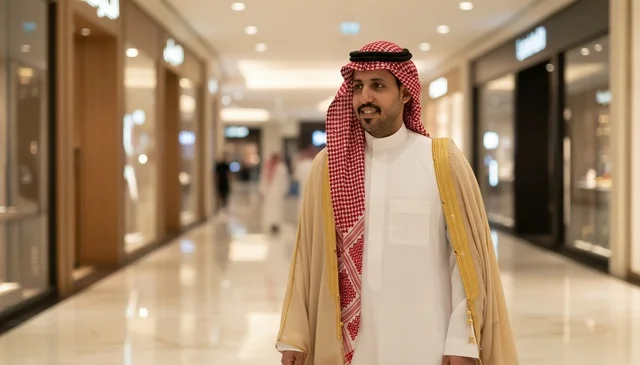 Saudi Man in Traditional Bisht Walking in Shopping Mall