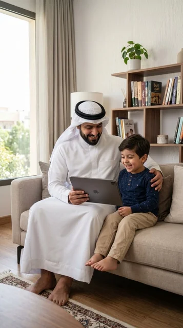 Saudi Father and Son Using Tablet for Learning at Home