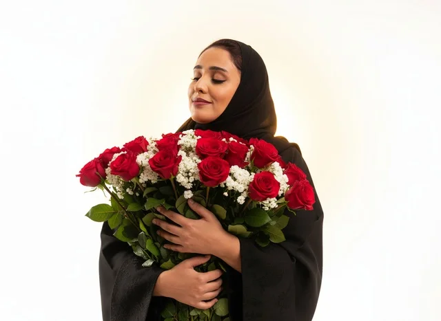 Saudi Woman in Abaya Holding Red Roses Bouquet