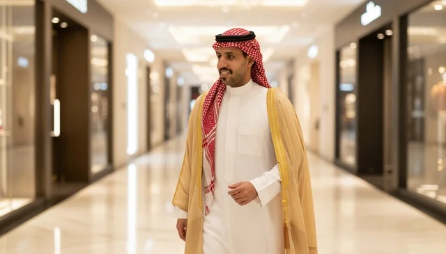 Saudi Man in Traditional Bisht Walking in Luxury Mall