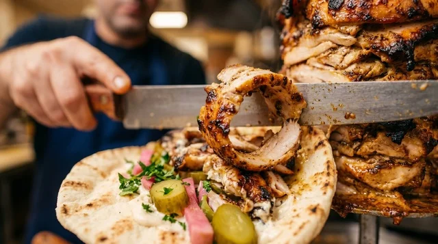 Arabic Chicken Shawarma Preparation in Restaurant Kitchen