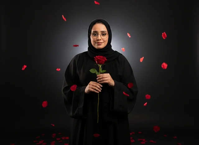 Saudi Woman in Black Abaya Holding a Single Red Rose