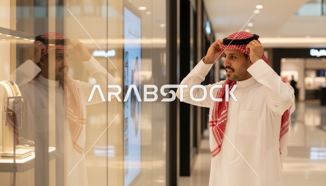 رجل سعودي في مركز تسوق أمام واجهة متجر فاخر