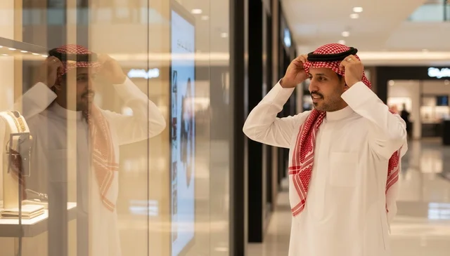Saudi Man Adjusting Agal at Luxury Mall Storefront