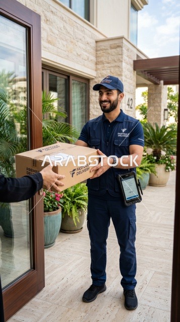 مندوب توصيل عربي يسلم طرد بريدي عند مدخل المنزل