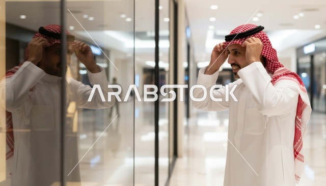 رجل سعودي يعدل الغترة أمام مرآة في مركز تجاري