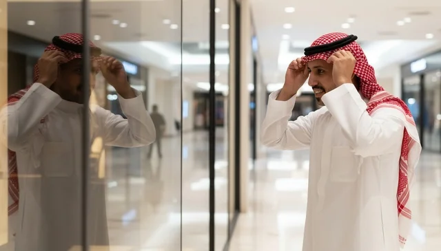 رجل سعودي يعدل الغترة أمام مرآة في مركز تجاري