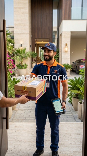 مندوب توصيل عربي يسلم طرد عند مدخل فيلا
