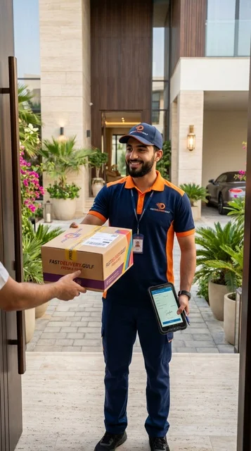 Arab Courier Delivering Parcel at Modern Villa Entrance