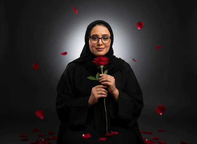 Saudi Woman in Traditional Abaya Holding a Red Rose
