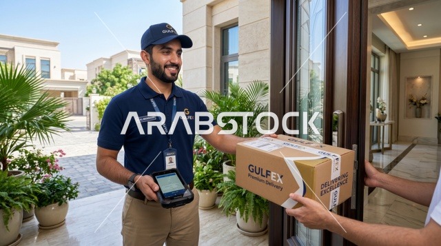 مندوب توصيل عربي يسلم طرداً بريدياً أمام فيلا سكنية