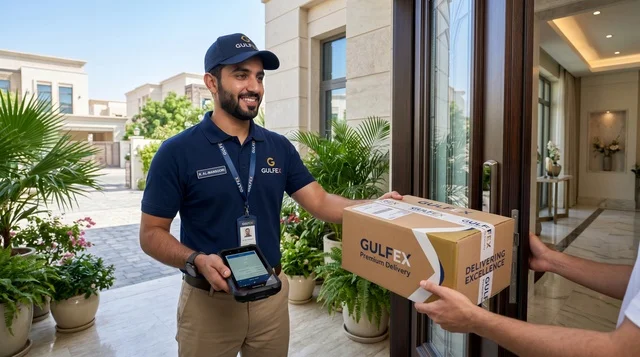 Arabic Delivery Courier Handing Parcel at Villa Doorstep