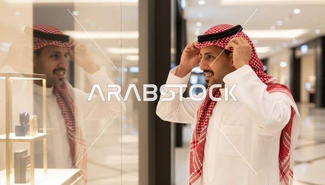 Saudi Man in Thobe Adjusting Shemagh in Shopping Mall