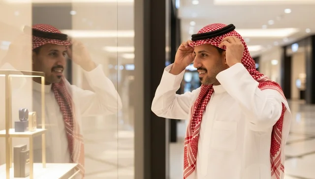 Saudi Man in Thobe Adjusting Shemagh in Shopping Mall