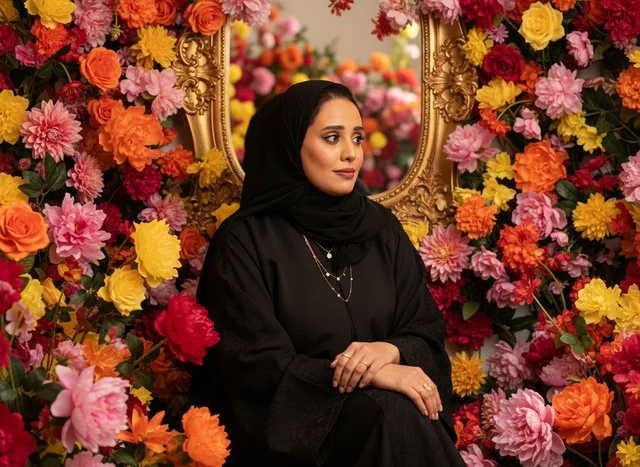 امرأة خليجية بالعباءة السوداء أمام جدار زهور ملونة