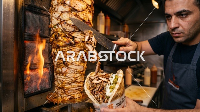 Chef Preparing Chicken Shawarma Sandwich in Restaurant
