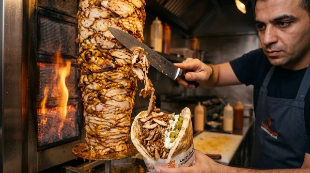 Chef Preparing Chicken Shawarma Sandwich in Restaurant