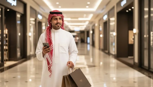 Saudi Man with Shopping Bags in Luxury Mall Saudi Man with Shopping Bags in Luxury Mall