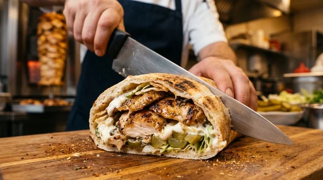 Chef Cutting Chicken Shawarma Sandwich in Kitchen