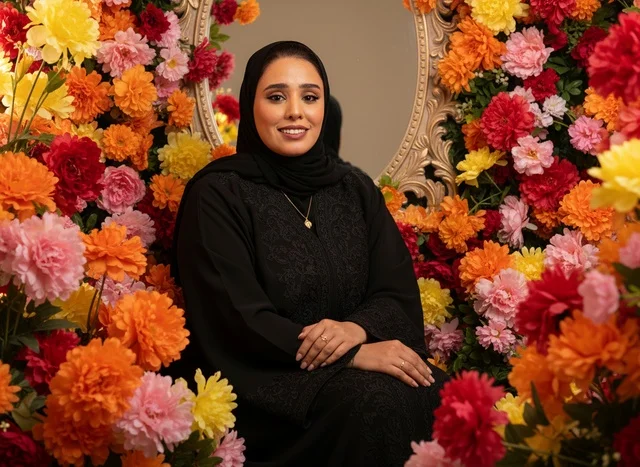 Saudi Woman in Black Abaya with Floral Background